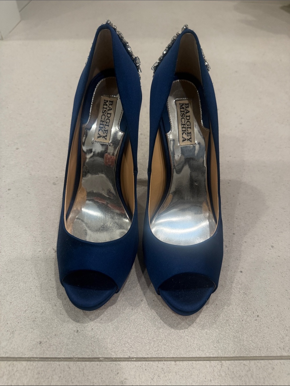 Badgley Mischka Royal Blue Satin Peep-Toe Heels with Crystal Back Detail - Picture 2 of 3